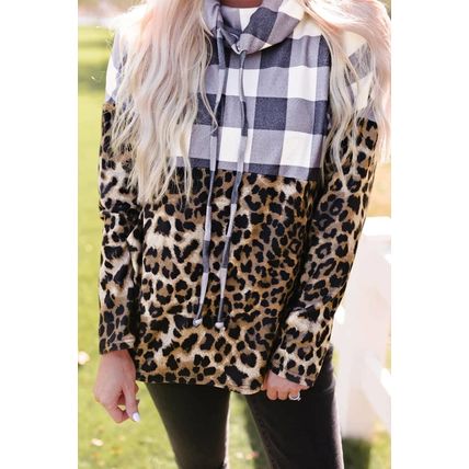 Leopard Leopard Plaid Patchwork Cowl Neck Sweatshirt