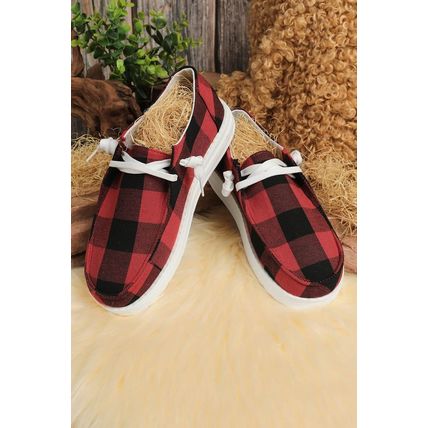 Red Vintage Plaid Lacing Decor Flat Shoes