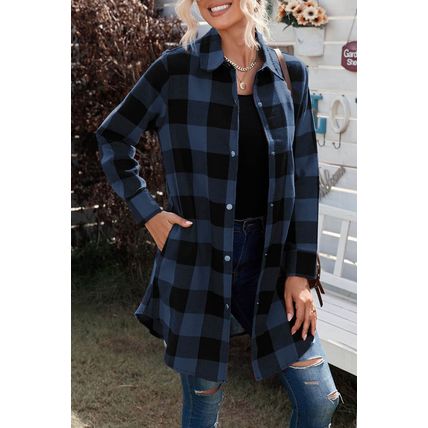 Blue Turn-down Collar Plaid Shirt Jacket