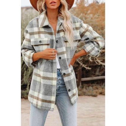 Brown Plaid Print Pocket Women Shacket