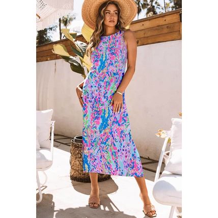Purple Abstract Floral Print Sleeveless Maxi Dress
