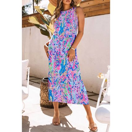 Purple Abstract Floral Print Sleeveless Maxi Dress
