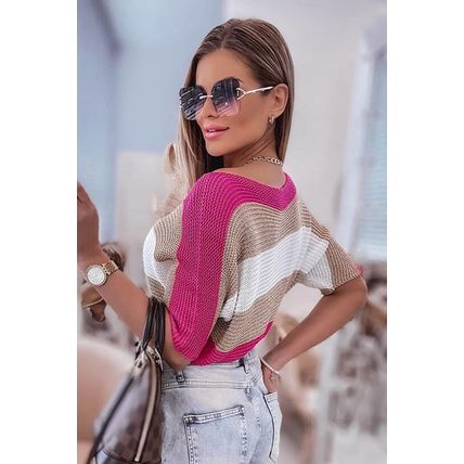 Rose Contrast Stripe Knit Half Sleeve Sweater