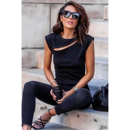 Black Slash Cutout Cap Sleeve T Shirt