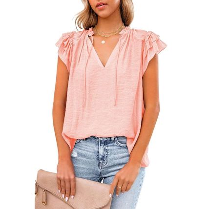 Pink Tiered Ruffled Drawstring V Neck Top