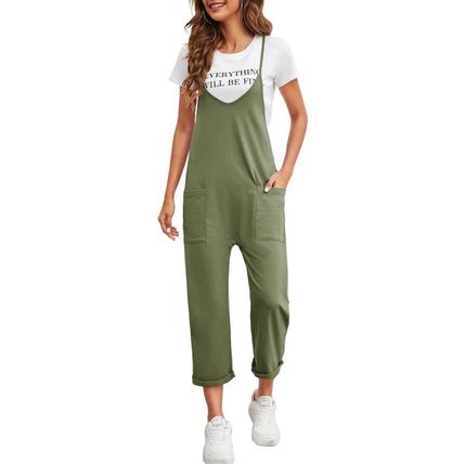 Green Pocketed Adjustable Spaghetti Strap Straight Leg Jumpsuit