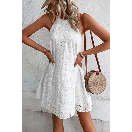 White Boho Eyelet Pattern Halter Neck Sleeveless Dress