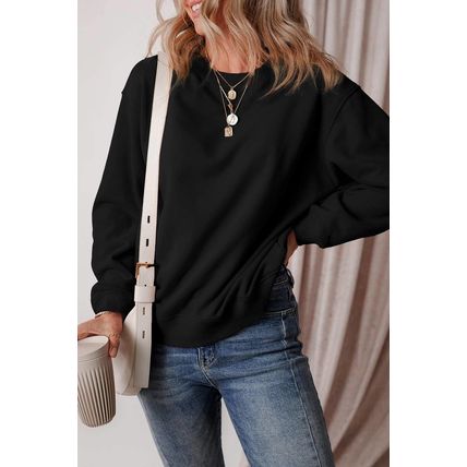 Black Solid Fleece Lined Drop Shoulder Terry Sweatshirt