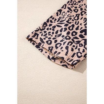 Khaki Leopard Print Ribbed Textured Knit Biker Shorts