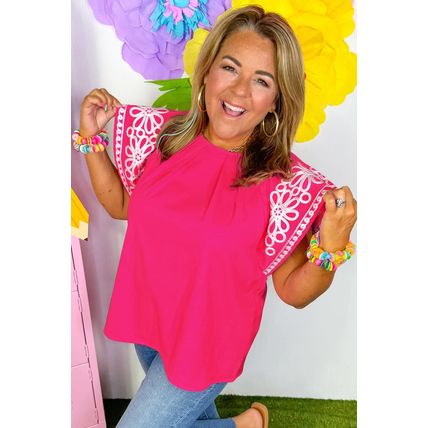 Strawberry Pink Floral Embroidered Flutter Sleeve Pleated O Neck Plus Size Blous