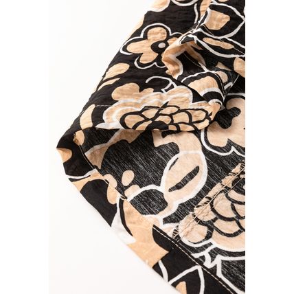 Black Floral Shirred Yoke Bracelet Sleeve Split Neck Boho Blouse