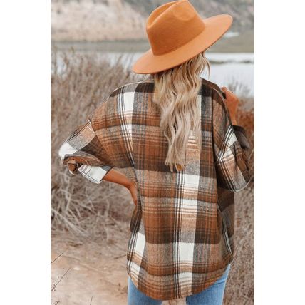 Brown Plaid Flap Pockets Shacket