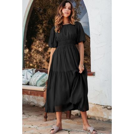 Black Puff Sleeve Pleated High Waist Flowy Midi Dress