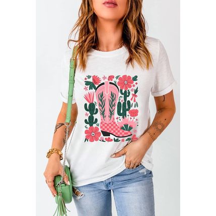 White Western Boots Flower Print Round Neck T Shirt
