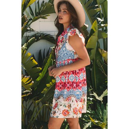 Rose Floral Mixed Pattern Ruffle Flutter Sleeve Buttoned Dress