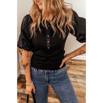 Black Ribbed Patchwork Puff Sleeve Half Button Placket Slim Fit Top