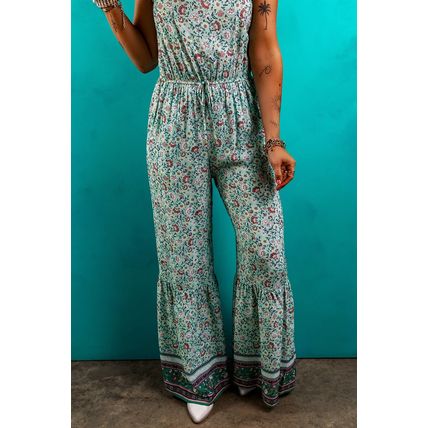 Green Bohemian Floral Ruffle Bottom Spaghetti Strap Jumpsuit