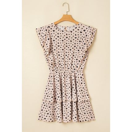Khaki Heart Printed Flutter Sleeve Cinched Waist Tiered Ruffle Mini Dress