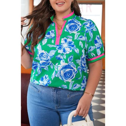 Green Floral Print Short Puff Sleeve Plus Size Top