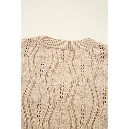 Smoke Gray Pearl Beaded Pointelle Knit V Neck Lace Patchwork Sleeve Sweater