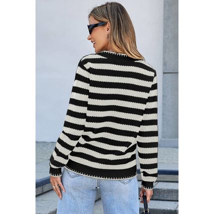 White Stripe Chic Golden Button Cardigan Sweater