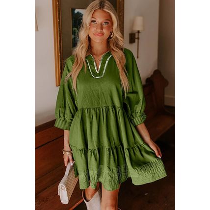 Jungle Green Contrast Stitched V Neck 3/4 Sleeve Tiered Mini Dress