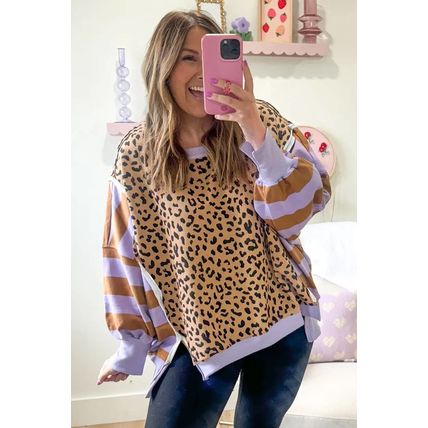 Purple Stripe Color Block Patchwork Leopard Casual Sweatshirt with Slits