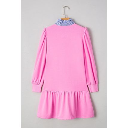Pink Contrast Striped Collar Patchwork Puff Sleeve Ruffle Hem Mini Dress