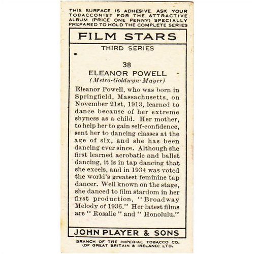 Players Film Stars 3rd Series Card No. 38 Eleanor Powell Cigarette Card