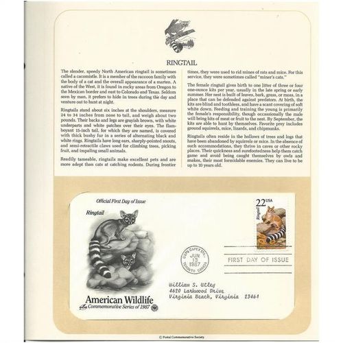 AMERICAN WILDLIFE ' OFFICIAL FIRST DAY of ISSUE ' RINGTAIL (1987)