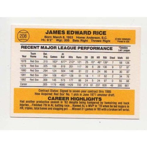 1983 Donruss Jim Rice baseball card #208 -NM-Red Sox