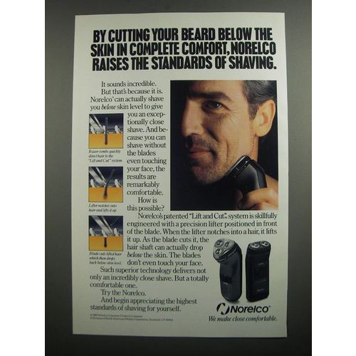 1991 Norelco Shaver Ad - By cutting your beard below the skin