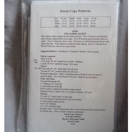 Great Copy Patterns 1000 Alpine Jacket XS S M L XL Sewing Polarfleece Pizzazz