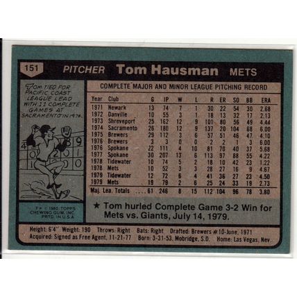 1980 Topps baseball card 151 Tom Hausman - Mets