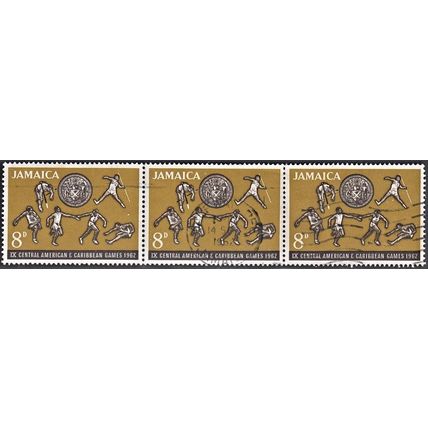 JAMAICA, 1962 8d Caribbean Games, SG 199 (Scott #199), used strip of 3