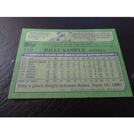 1982 Topps Card # 112A Billy Sample Excellent-Mint (6) Texas Rangers