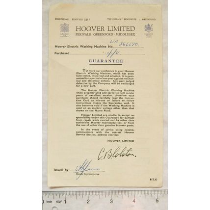 1951 guarantee for Hoover Electric Washing Machine