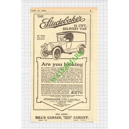 Studebaker Delivery Van Hill's Garage Cardiff Advert - 1916 Cutting