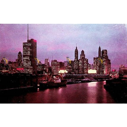 Chicago River And Skyline At Night, USA, Curteichcolor Postcard