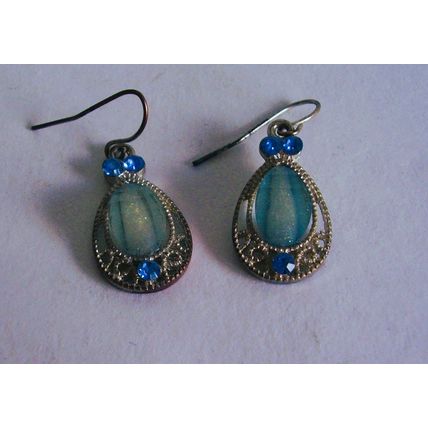 Vintage Earrings Blue Striped Teardrop Stone & Crystals Bezel Pierced Drops