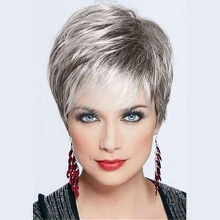 Wig Short Straight Silver Grey Classic Synthetic Hair Wigs Women Ladies