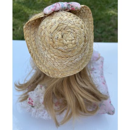 Kneeling Little Girl Porcelain Doll On Pillow W/Floral Lace Dress & Hat W/Bow