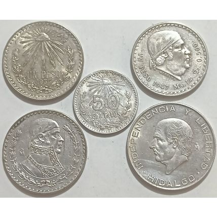 Mexico Vintage Silver Coinage Lot 1933-1943-1947-1956-1966. Set of 5 pcs