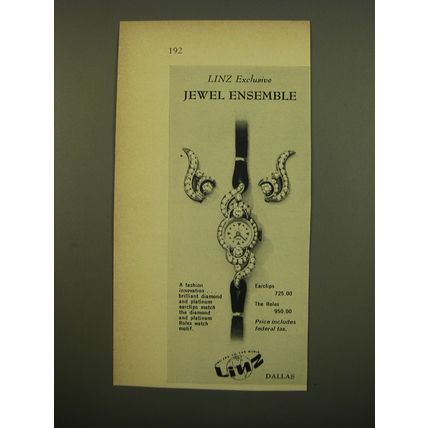 1961 Linz Earclips and Rolex Watch Advertisement - Linz Exclusive Jewel Ensemble