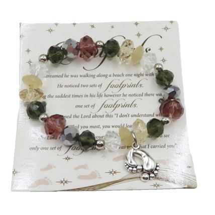 Footprints Charm Stretch Bracelet Faceted Crystal Ladies Jewellery Faith Christ