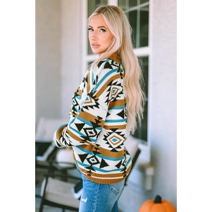 Brown Aztec Striped Knit Ribbed Trim Sweater