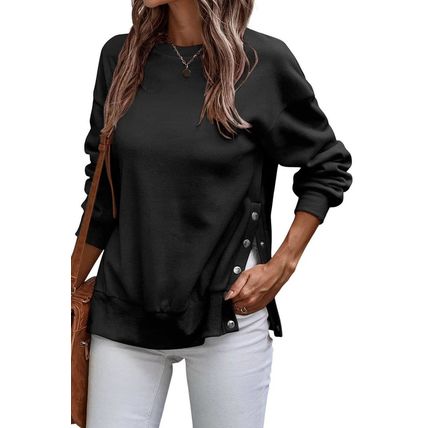 Black Snap Buttons Side Splits Pullover Sweatshirt