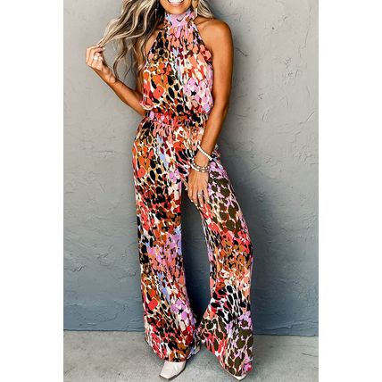 Black Multicolor Leopard Print Halter Tank Top and Pants Set