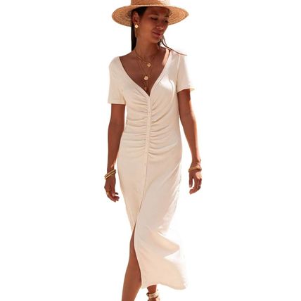 Beige V Neck Ruched Button Front French T-shirt Dress