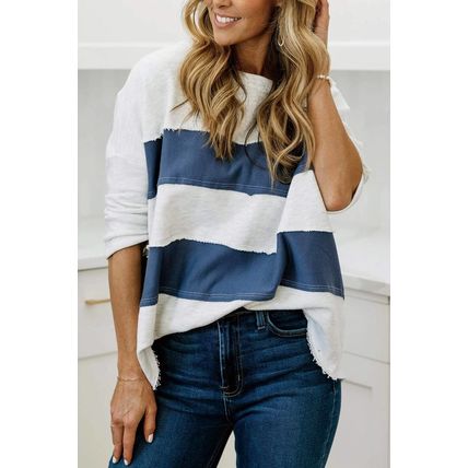 Sail Blue Colorblock Striped Patchwork Raw Seamed Sweatshirt